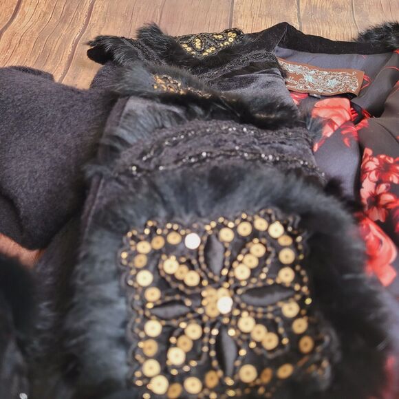 Olivine Gabbro Coat Womens 6 Black Alpaca Embellished Mid Length Rabbit Fur Trim - Picture 11 of 16